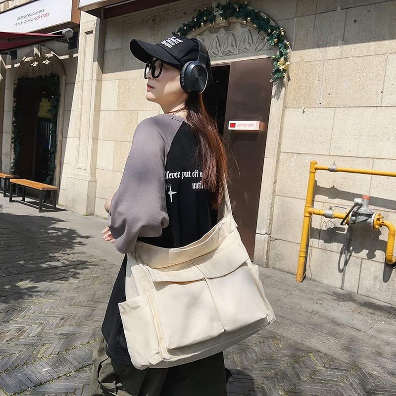 PRAGARI Canvas Crossbody Bag Messenger Cute Bag with Pins and Pendant for Women Girls Casual Shoulder Aesthetic School bag - Image 5